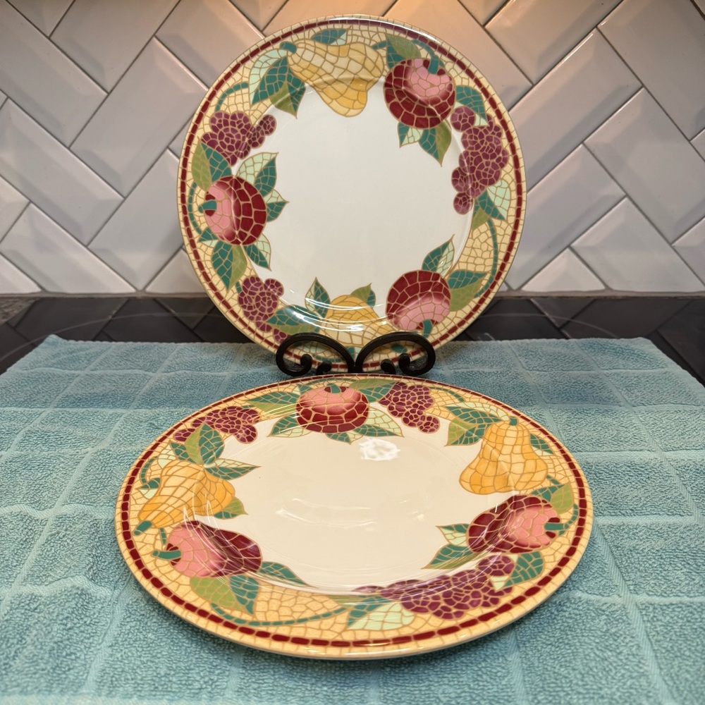 Pier 1 Imports Mosaic Fruit 10 1/2" Dinner Plates Crafted In Italy Set of 2